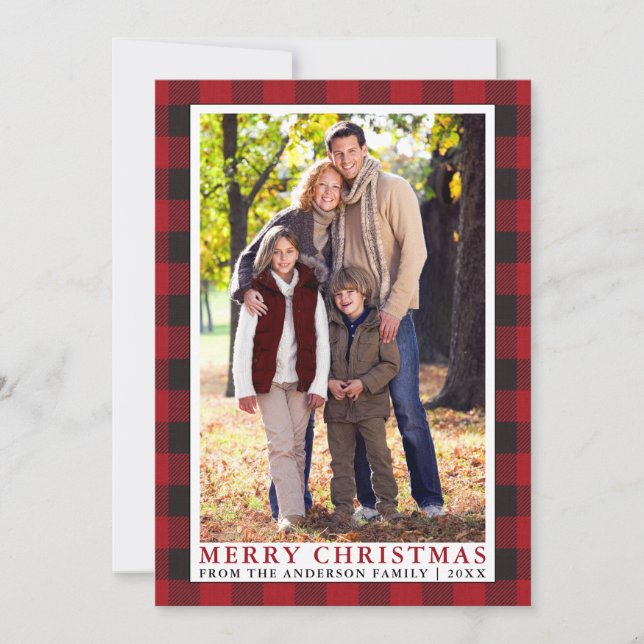 Red Buffalo Plaid Family Photo Merry Christmas Holiday Card (Front)