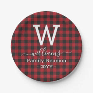 Red Buffalo Plaid Family Reunion Monogrammed Paper Plate