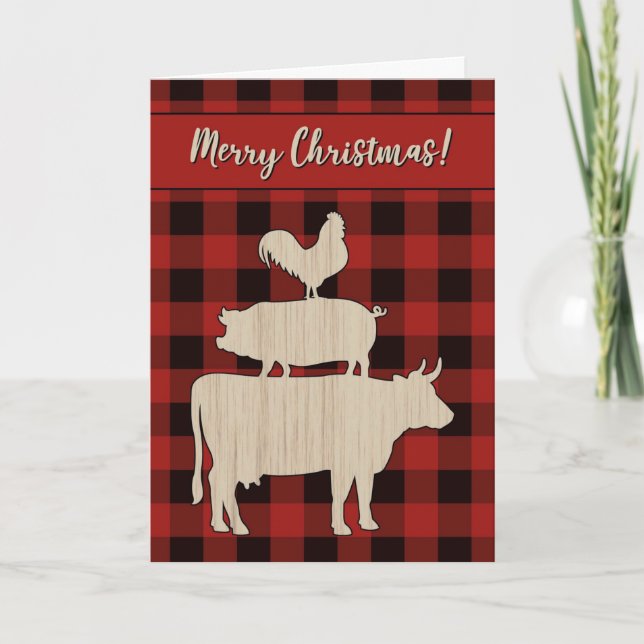Red Buffalo Plaid Farm Animals, Christmas Holiday Card (Front)