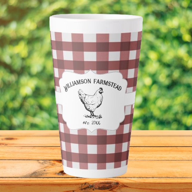 Red Buffalo Plaid Farm Chicken Latte Mug (Red Buffalo Plaid Farm Chicken Personalized Latte Mug)