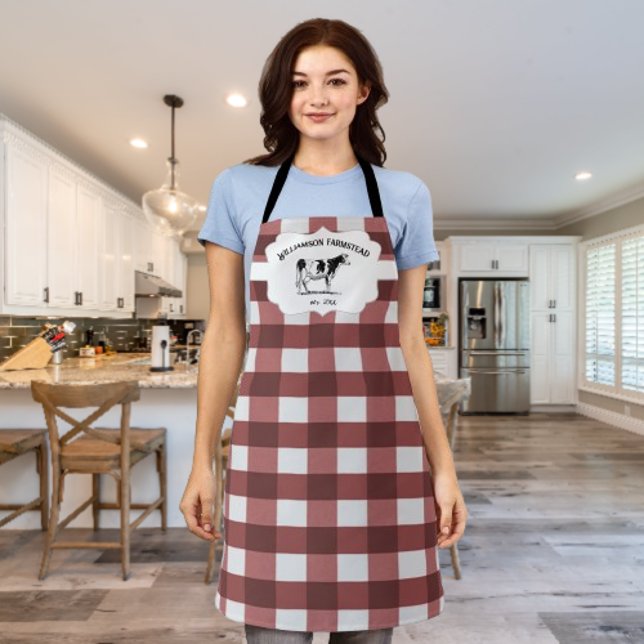Red Buffalo Plaid Farm Cow Apron (Red Buffalo Plaid Farm Cow Personalized Apron)