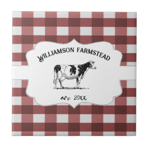 Red Buffalo Plaid Farm Cow Decorative Tile