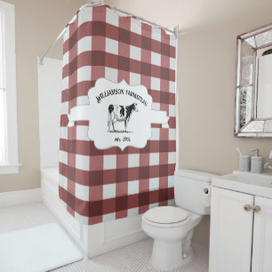 Red Buffalo Plaid Farm Cow Shower Curtain