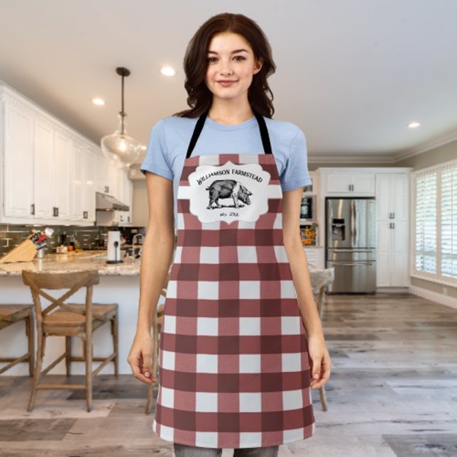 Red Buffalo Plaid Farm Pig Apron (Red Buffalo Plaid Farm Pig Personalized Apron)