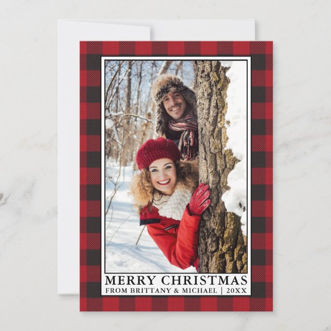 Red Buffalo Plaid Framed Couple Photo Christmas Holiday Card (Front)