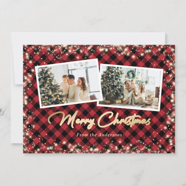Red Buffalo Plaid Gold Photo Christmas Holiday Card (Front)