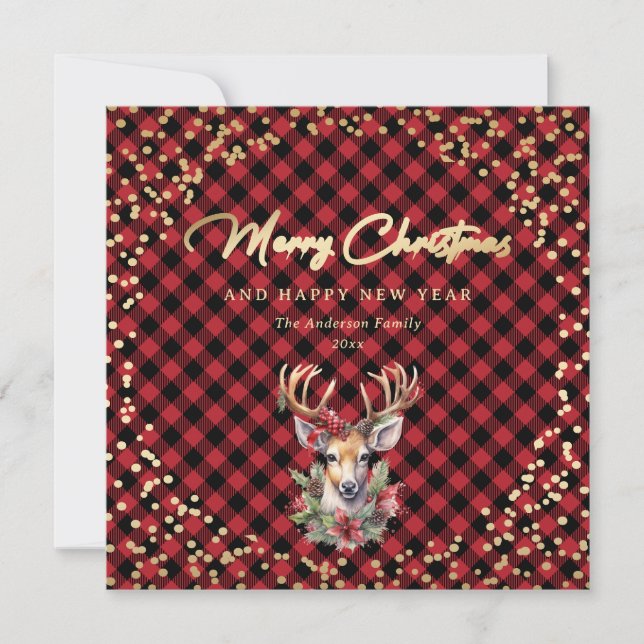 Red Buffalo Plaid Gold Reindeer Snow Christmas Holiday Card (Front)