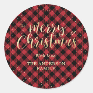 Red Buffalo Plaid Gold Snow Christmas Classic Round Sticker