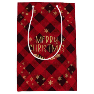 Red Buffalo Plaid Gold Snowflakes Merry Christmas Medium Gift Bag