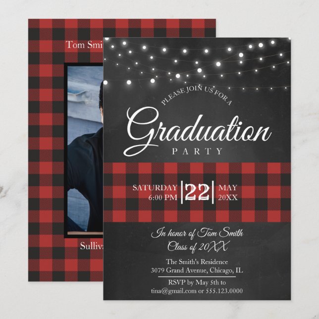 Red Buffalo Plaid Graduation Party Invitation (Front/Back)