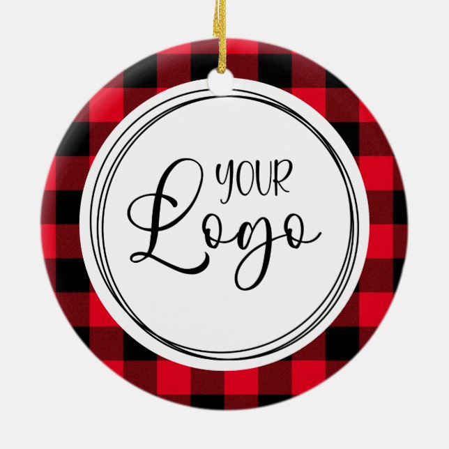 Red Buffalo Plaid Happy Holidays Business Logo Ceramic Tree Decoration (Back)