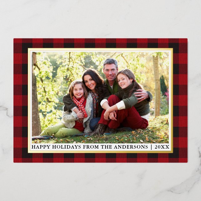 Red Buffalo Plaid Happy Holidays Photo Gold Foil Holiday Card (Front)