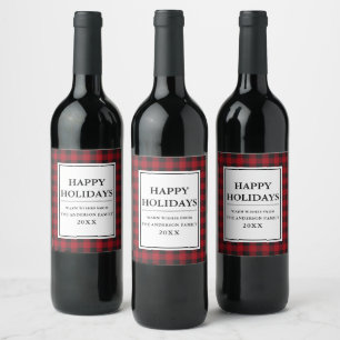 Red Buffalo Plaid Happy Holidays Wine Label