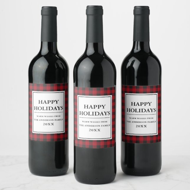 Red Buffalo Plaid Happy Holidays Wine Label (Bottles)