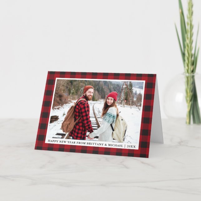 Red Buffalo Plaid Happy New Year Photo Holiday Card (Front)