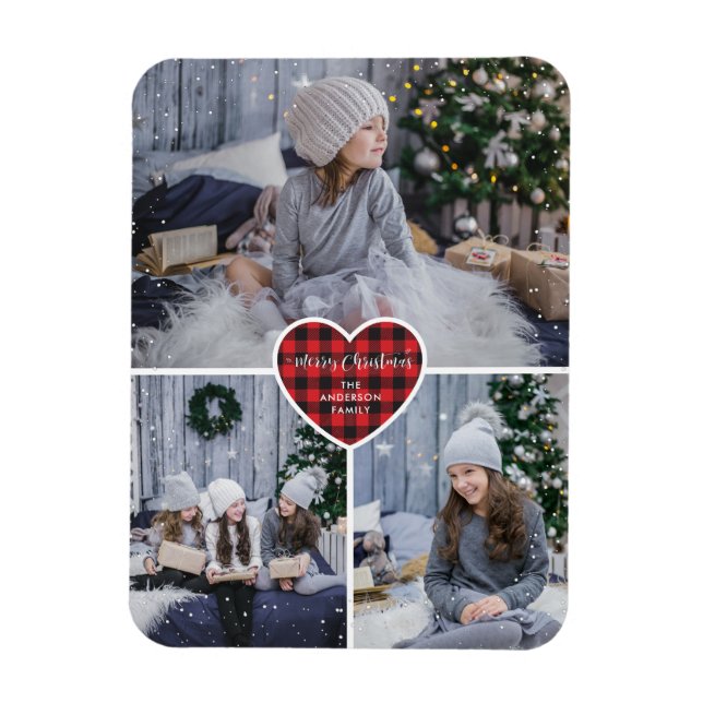 Red Buffalo Plaid Heart Snow Photo Merry Christmas Magnet (Vertical)