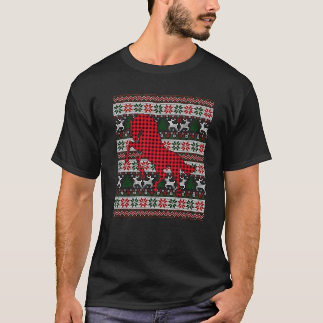 Red Buffalo Plaid Horse Lovers Ugly Xmas Family Ma T-Shirt (Front)