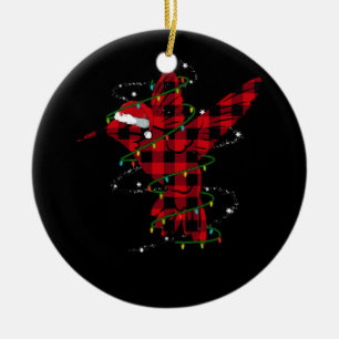 Red Buffalo Plaid Hummingbird Santa Hat Christmas  Ceramic Tree Decoration