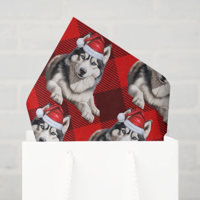 Red Buffalo Plaid Husky Dog Christmas Holiday Tissue Paper (Gift Bag)