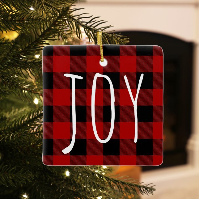 Red Buffalo Plaid & Joy | Happy Holiday Ceramic Ornament (Creator Uploaded)