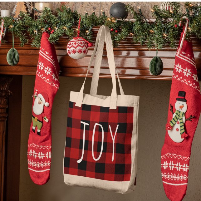 Red Buffalo Plaid & Joy | Happy Holiday Tote Bag (Creator Uploaded)