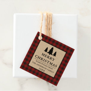 Red Buffalo Plaid Kraft Pines Merry Christmas Favour Tags