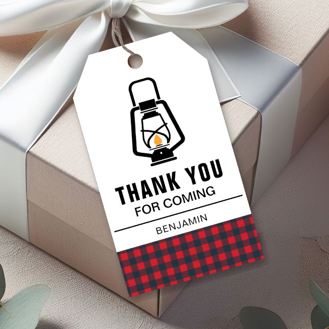 Red Buffalo Plaid Lantern Lumberjack Birthday Gift Tags (Creator Uploaded)