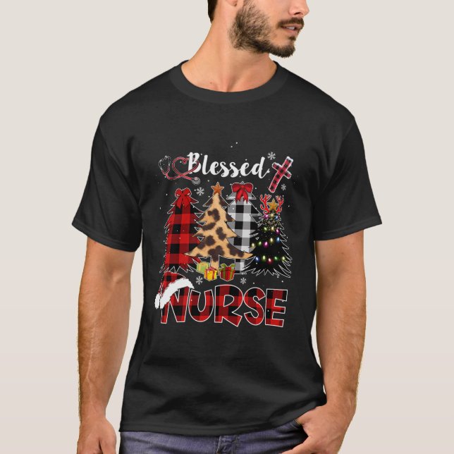 Red Buffalo Plaid Leopard Nurse Christmas Blessed  T-Shirt (Front)