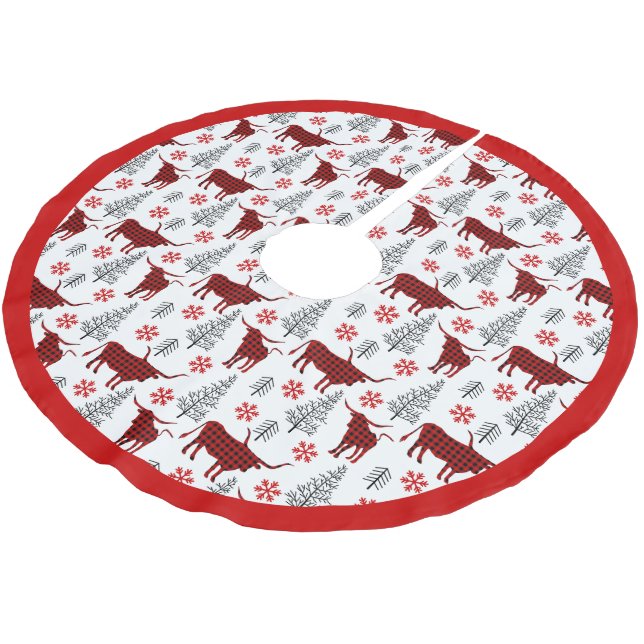 Red Buffalo Plaid Longhorn Pattern Brushed Polyester Tree Skirt (Angled)