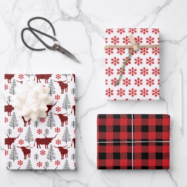 Red Buffalo Plaid Longhorn Pattern Wrapping Paper Sheet (Front)
