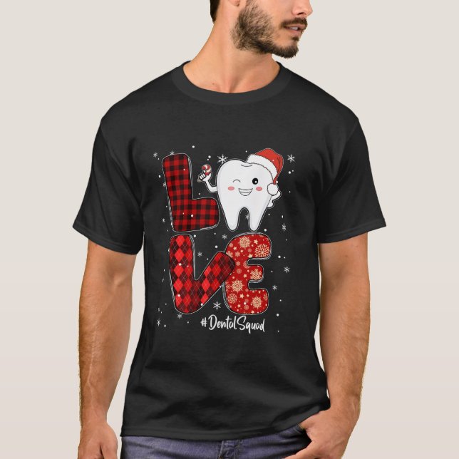 Red Buffalo Plaid Love Dental Squad Dentist Teeth  T-Shirt (Front)