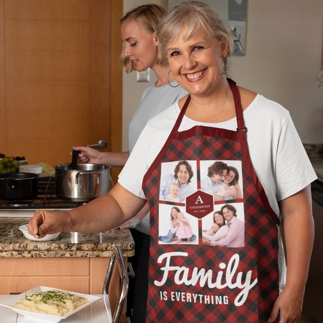 Red Buffalo Plaid Lumberjack Family Photo Collage Apron (Creator Uploaded)