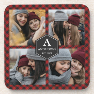 Red Buffalo Plaid Lumberjack Family Photo Collage Coaster