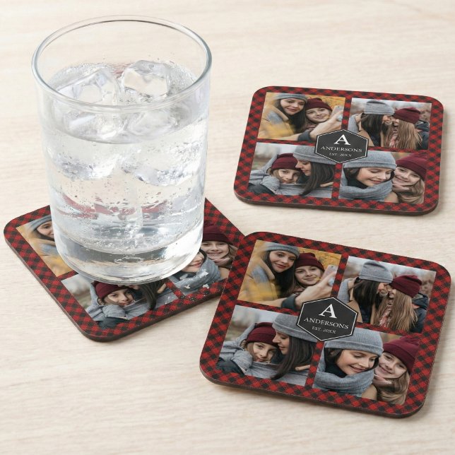 Red Buffalo Plaid Lumberjack Family Photo Collage Coaster (Creator Uploaded)