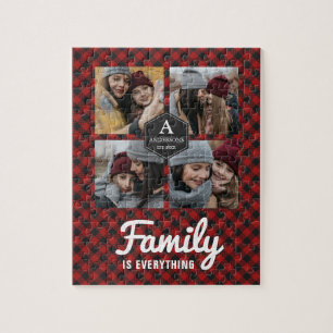 Red Buffalo Plaid Lumberjack Family Photo Collage Jigsaw Puzzle