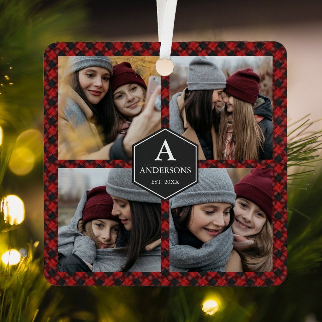 Red Buffalo Plaid Lumberjack Family Photo Collage Metal Tree Decoration (Creator Uploaded)