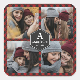 Red Buffalo Plaid Lumberjack Family Photo Collage Square Sticker