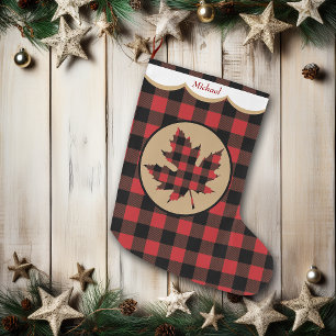 Red Buffalo Plaid Maple Leaf Personalised Large Christmas Stocking