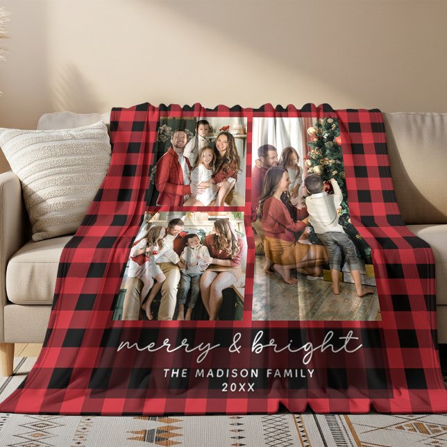 Red Buffalo Plaid Merry & Bright Christmas Photo Fleece Blanket (Creator Uploaded)
