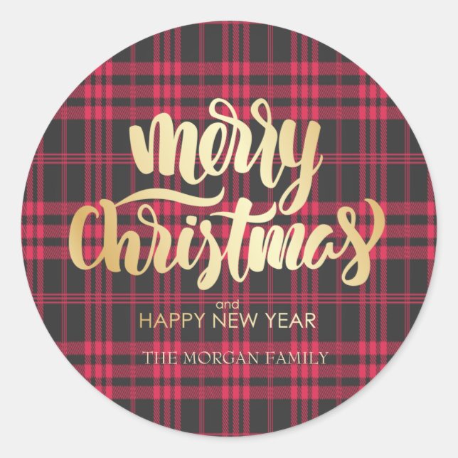 Red Buffalo Plaid Merry Christmas Classic Round Sticker (Front)
