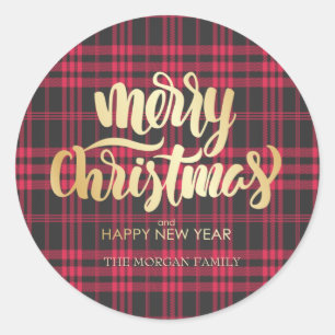 Red Buffalo Plaid Merry Christmas Classic Round Sticker