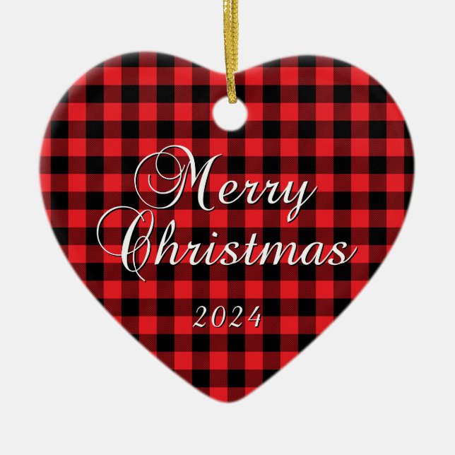Red Buffalo Plaid Merry Christmas Couple Photo Ceramic Tree Decoration (Front)