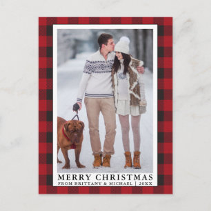 Red Buffalo Plaid Merry Christmas Couple Photo Postcard