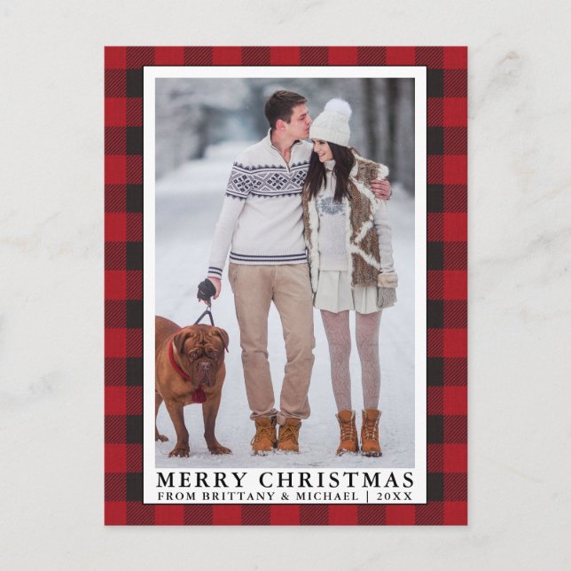 Red Buffalo Plaid Merry Christmas Couple Photo Postcard (Front)