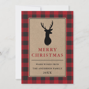 Red Buffalo Plaid Merry Christmas Deer Kraft Holiday Card