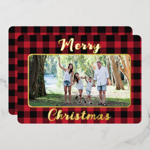 Red Buffalo Plaid Merry Christmas One Photo Foil Holiday Card
