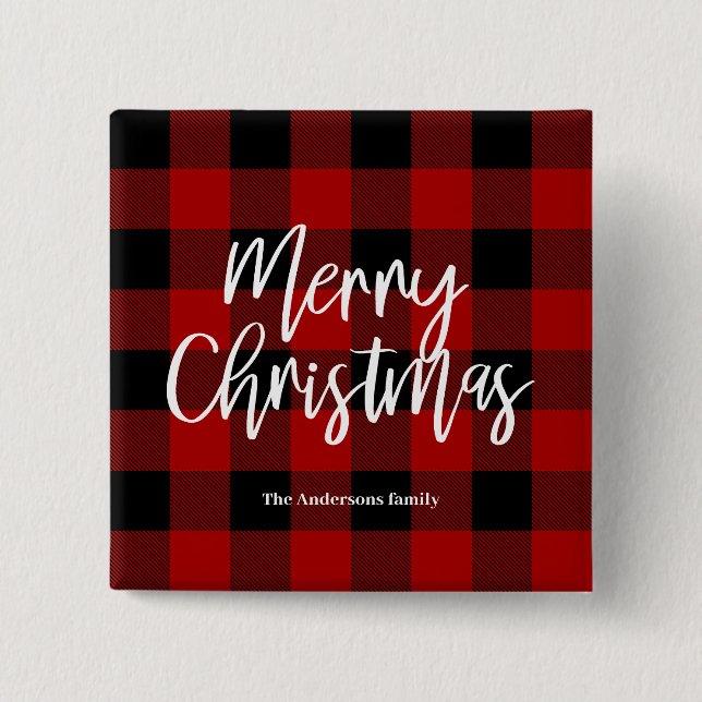 Red Buffalo Plaid & Merry Christmas|Personal Name 15 Cm Square Badge (Front)
