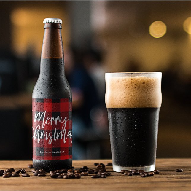 Red Buffalo Plaid & Merry Christmas |Personal Name Beer Bottle Label (Creator Uploaded)