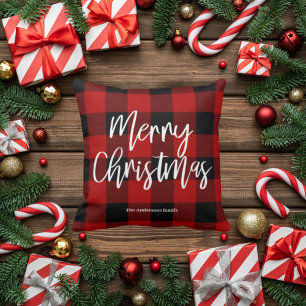 Red Buffalo Plaid & Merry Christmas  Personal Name Cushion