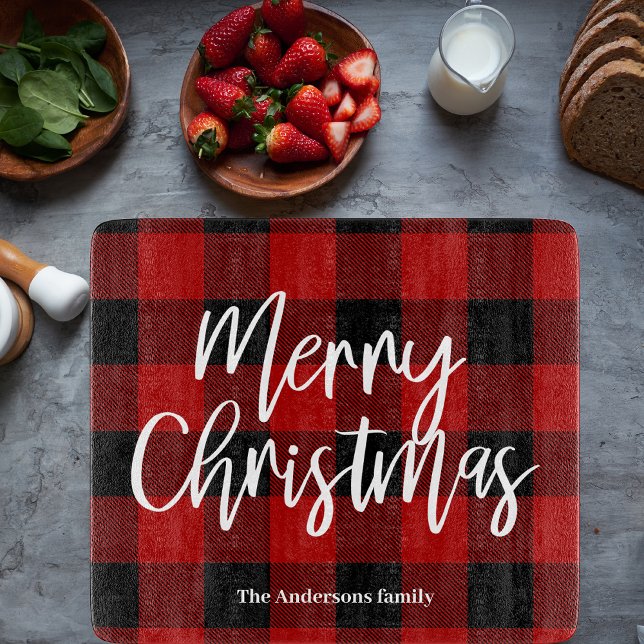 Red Buffalo Plaid & Merry Christmas |Personal Name Cutting Board (Creator Uploaded)